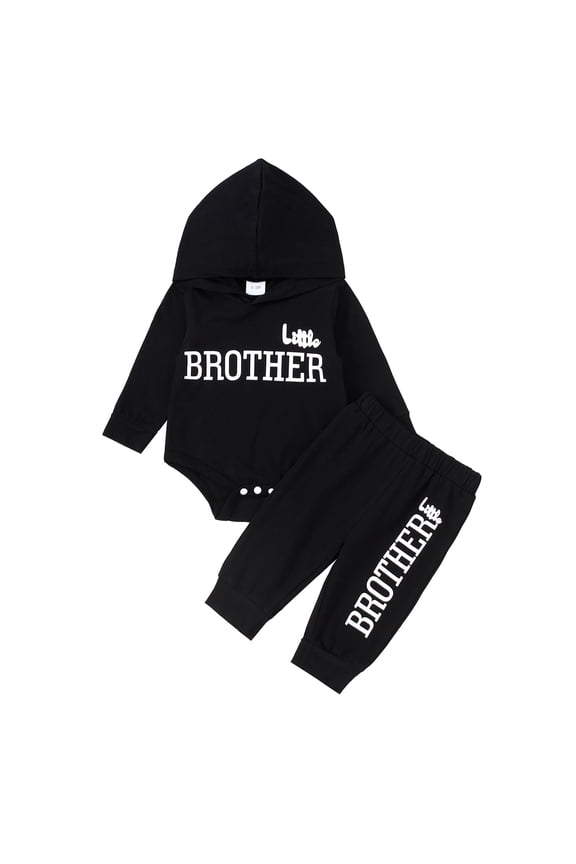 Newborn Baby Boys Outfits Baby Boys Pant Sets Newborn Boys Long Sleeve Letter Print Hooded Romper Top Pants 2PCS Clothing Set Black 0-3 Months