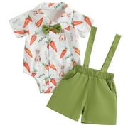 Newborn Baby Boys Outfits Shorts Set Short Sleeve Bow Rabbit Print Romper with Overall Shorts Summer Suit 12-18 Months