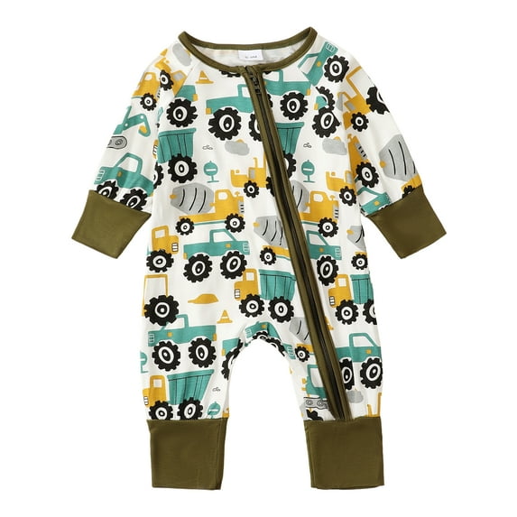 Newborn Baby Boys Romper 3 Months Boys One-piece Bodysuit Round Neck Cars Print Newborn Boys Long Sleeve Bodysuit Green