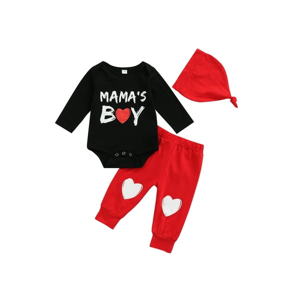 Newborn Baby Boys Valentine's Day Clothes outfits,Mama's Boy Letter Print long sleeve Bodysuit+Heart Print Pants+Hat