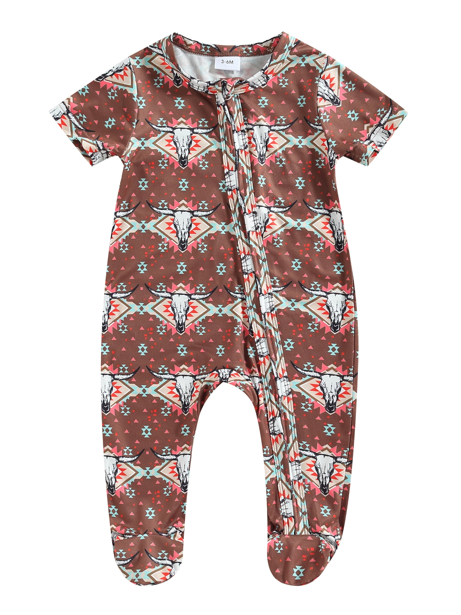 Newborn Baby Boys Western Clothes Footed Romper Print Short Sleeve Zipper Footies Jumpsuit