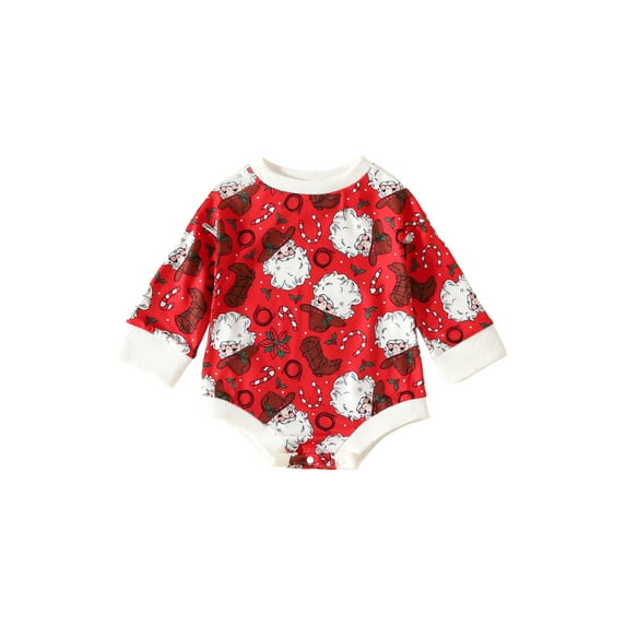 Newborn Baby Christmas Romper Long Sleeve Crew Neck Santa Pattern Bodysuit Playsuit