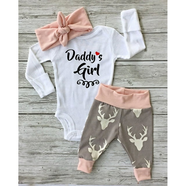 Newborn Baby Clothes Daddy's Girl Romper Bodysuit Playsuit+Deer Pants Outfit White 36 Months