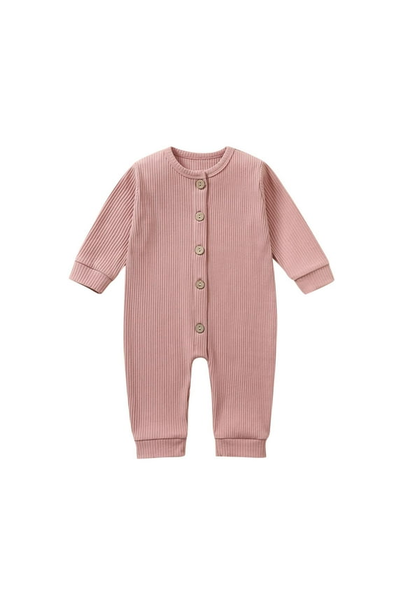 Newborn Baby Cotton Jumpsuit Romper, Hospital Outfit for Girls Boys, Toddler One-Piece Shirt Bodysuit with Buttons Pink 3-6 Months