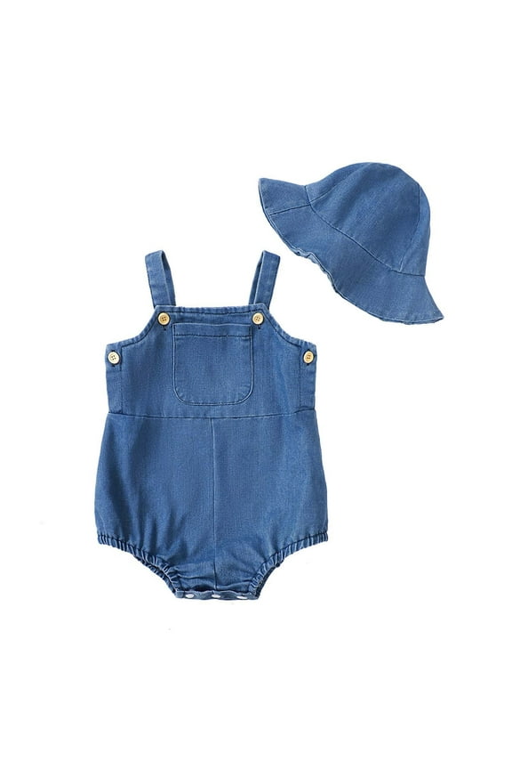 Newborn Baby Cute Denim Rompers with Hats Casual Sleeveless Blue One Piece Jumpsuit Infant Girls Strips Onesie for Going Out