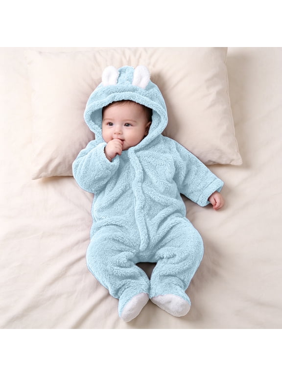 Newborn Baby Cute Hooded Jumpsuit Winter Fleece Footed Long Sleeve Zipper Romper Infant Soft Warm Comfy Bodysuit Sky Blue 9-12 Months