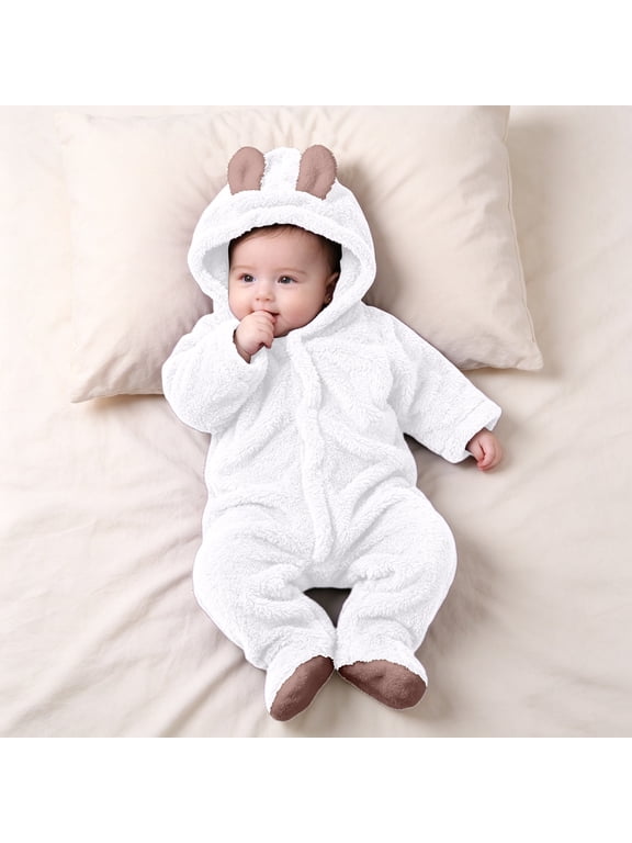 Newborn Baby Cute Hooded Jumpsuit Winter Fleece Footed Long Sleeve Zipper Romper Infant Soft Warm Comfy Bodysuit White 0-3 Months