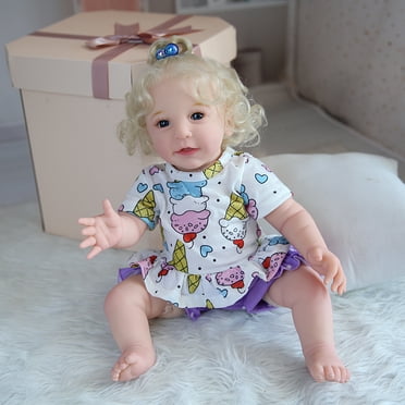 Reborn Baby Dolls 22'' Blond White Skin Soft Body Silicone Limbs Smiling Baby Dolls Christmas Birthday Gift Set for Toddlers