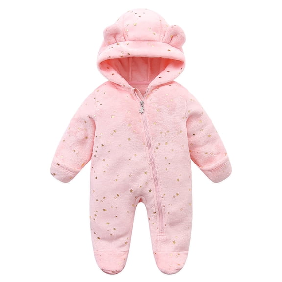 Newborn Baby Fleece Footie Snowsuit Winter Onesie Cartoon Warm Hooded Outfits for Girls Boys Pink 0-3 Months
