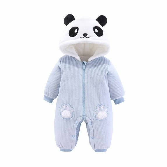 Newborn Baby Fleece Panda Romper One Piece Footies Jumpsuit Bear Hoodies Jumpsuit Infant Long Sleeve Warm Jumpsuit Outfits Blue 0-3 Months