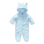 Newborn Baby Fleece Romper Button Footies Jumpsuit Cute Bear Hoodies Jumpsuit Infant Long Sleeve Warm Solid Jumpsuit Outfits Blue 0-3 Months