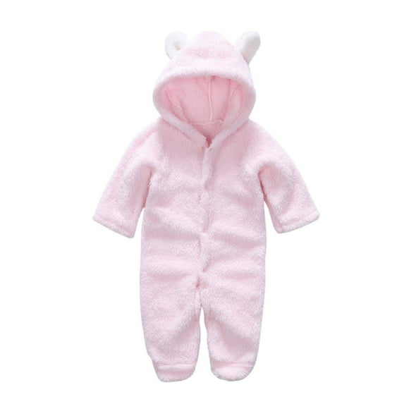 Newborn Baby Fleece Romper Button Footies Jumpsuit Cute Bear Hoodies Jumpsuit Infant Long Sleeve Warm Solid Jumpsuit Outfits Pink 9-12 Months