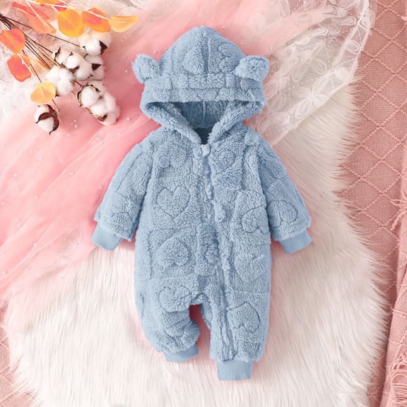 Newborn Baby Fleece Rompers Footie Snowsuit Winter Onesie Cartoon Warm Hooded Outfits for Girls Boys Blue 3 Months