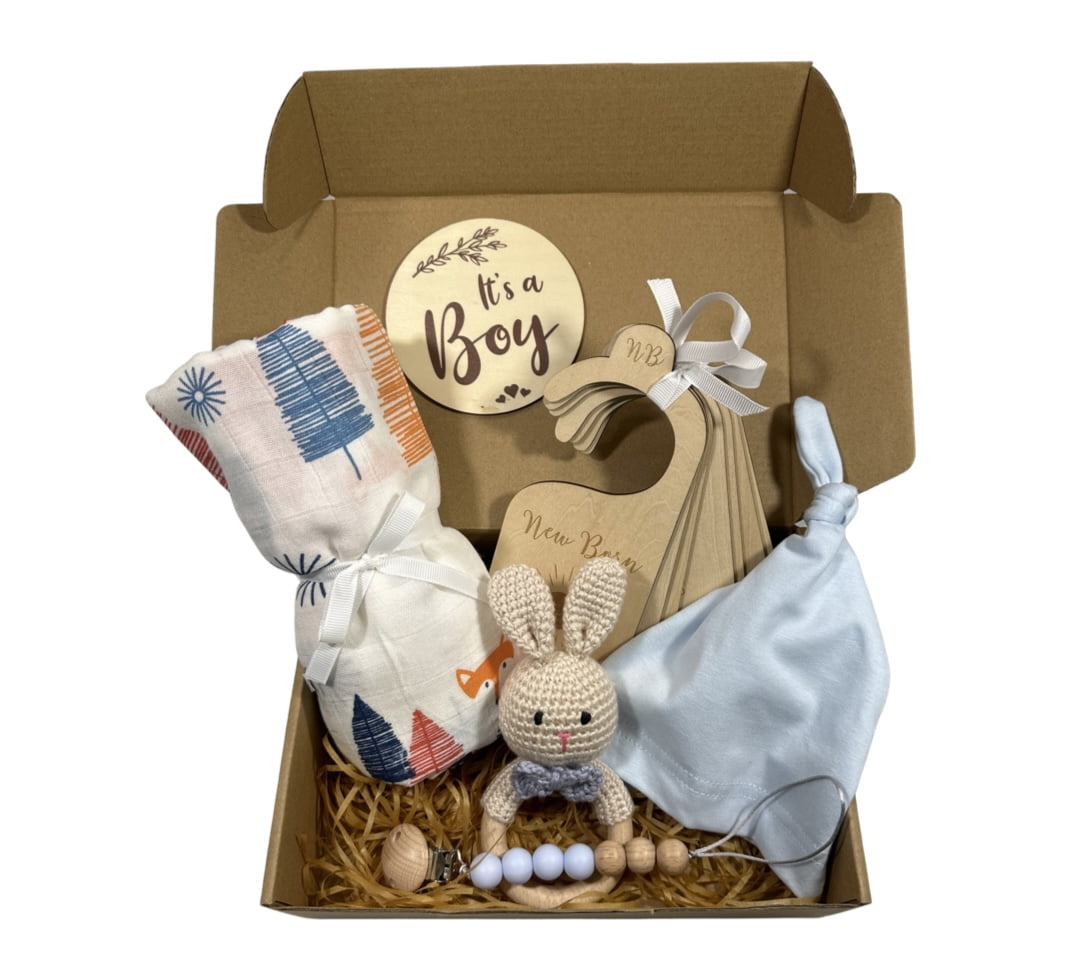 Newborn Baby Gift Set Basket for Baby Boy.  12 Premium Handcrafted Organic Keepsakes