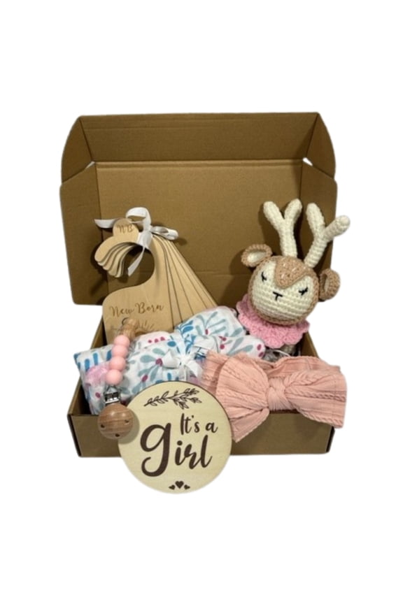 Newborn Baby Gift Set Basket for Baby Girl. 12 Premium Handcrafted Organic Keepsakes