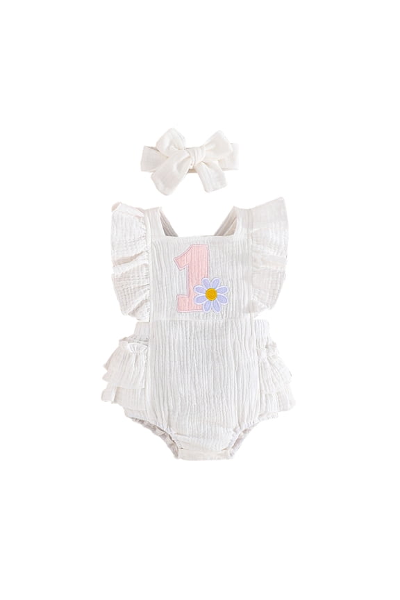 Newborn Baby Girl 1st Birthday Outfit Romper with Headband Princess Boho Clothes Photo Shoot Clothes
