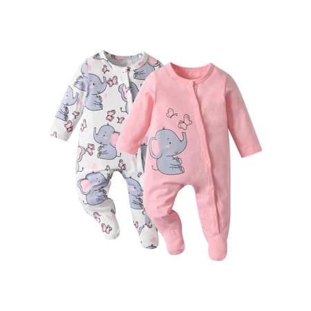 Newborn Baby Girl 2 Pack Long Sleeve Romper Clothes Cartoon Elephant Pattern Outfit Set Pink & White