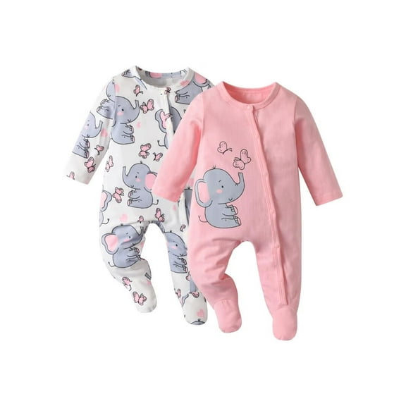 Newborn Baby Girl 2 Pack Long Sleeve Romper Clothes Cartoon Elephant Pattern Outfit Set Pink & White