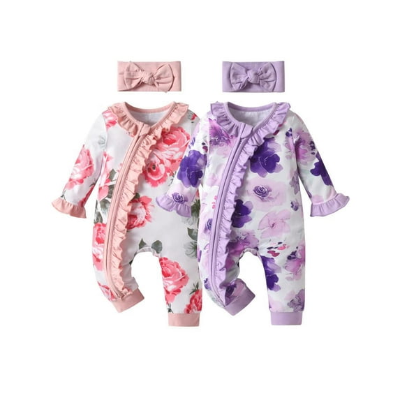 Newborn Baby Girl 2 Pack Print Long Sleeve Romper Clothes Bow Headband Outfit Purple & Pink 6-9 Months
