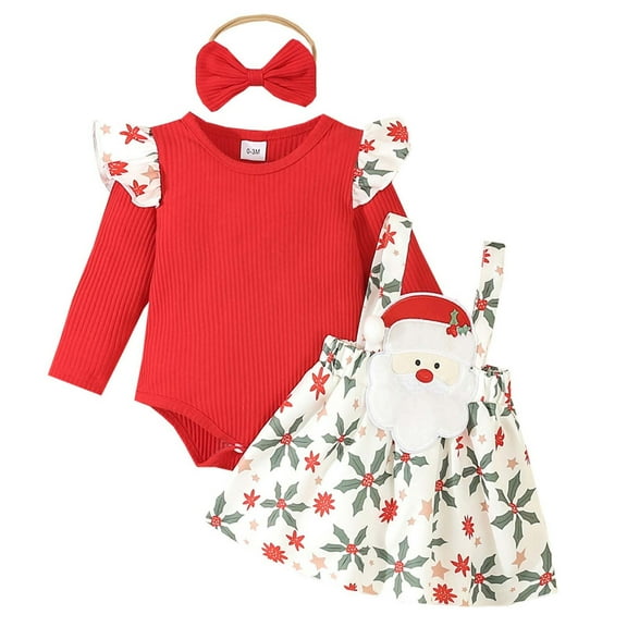 Newborn Baby Girl 2 Piece Skirt Suit Christmas Flutter Long Sleeve Ribbed Top Short Overall Dress Print Fall Clothes Set 3-18M, Red, 6 Months