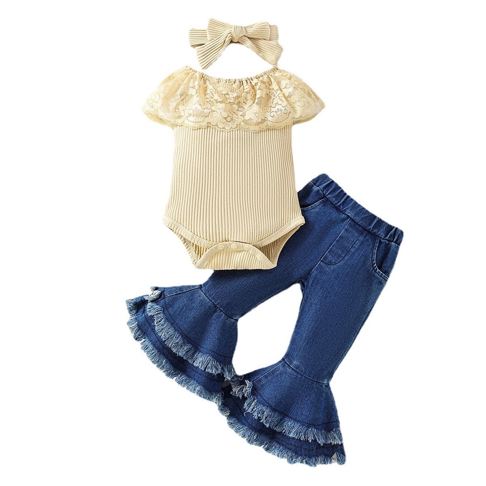 Newborn Baby Girl 3PCS Romper Outfit Lace Frill Short Sleeve Jumpsuit