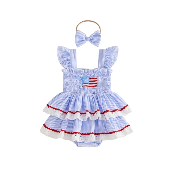 Newborn Baby Girl 4th of July Outfit Letter Flag Pattern Lace Trim Striped Layered Fly Sleeve Romper Dress Headband Set Infant Summer Clothes