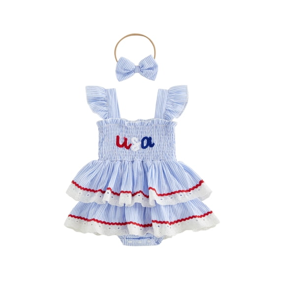 Newborn Baby Girl 4th of July Outfit Letter Flag Pattern Lace Trim Striped Layered Fly Sleeve Romper Dress Headband Set Infant Summer Clothes