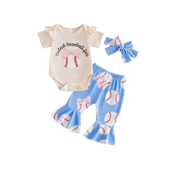 Newborn Baby Girl Baseball Outfit Cutest Baseball Fan Bow Short Sleeve Romper Flare Pants Set 3Pcs Infant Summer Clothes 0-18Months