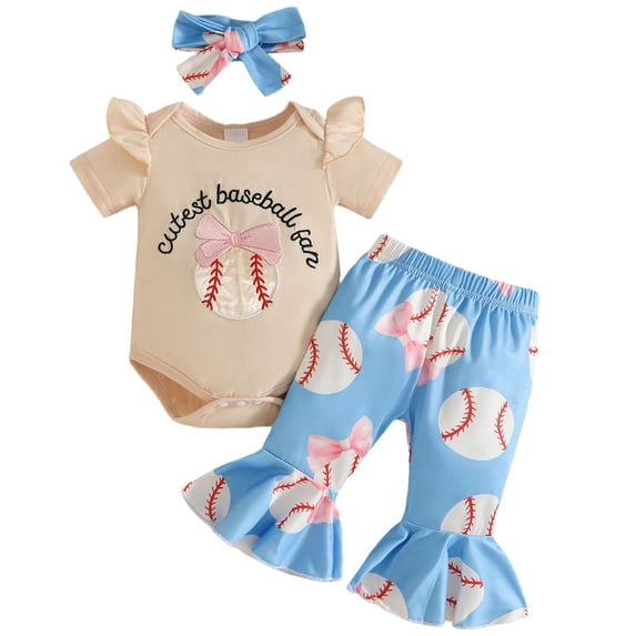 Newborn Baby Girl Basketball Outfit Cute Basketball Bow Ruffle Short Sleeve Romper Flare Pants Set 3Pcs Infant Summer Clothes,Blue
