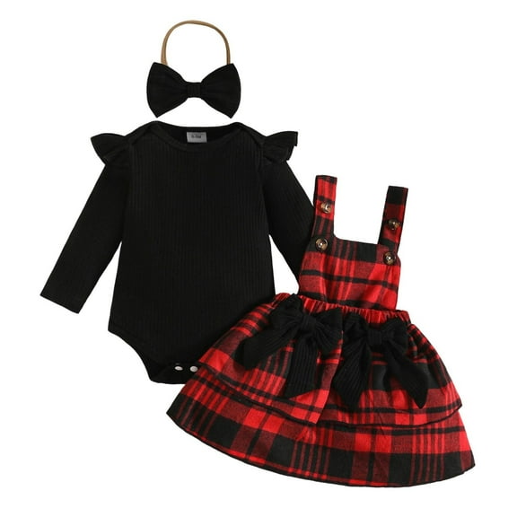 Newborn Baby Girl Bodysuit Suit Rib-knit Ruffled Long Sleeve Onesie Jumpsuit Plaid Bib Dress 3 Piece Outfits, Black 9 Months