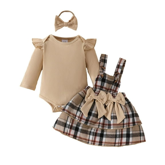 Newborn Baby Girl Bodysuit Suit Rib-knit Ruffled Long Sleeve Onesie Jumpsuit Plaid Bib Dress 3 Piece Outfits, Khaki 9 Months