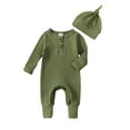 thumbnail image 1 of Newborn Baby Girl Boy Clothes Long Sleeve Romper Solid Color Ribbed Knit Jumpsuit Playsuit with Hat Coming Home Outfits, 1 of 9