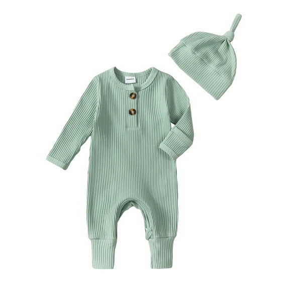 Newborn Baby Girl Boy Clothes Long Sleeve Romper Solid Color Ribbed Knit Jumpsuit Playsuit with Hat Coming Home Outfits