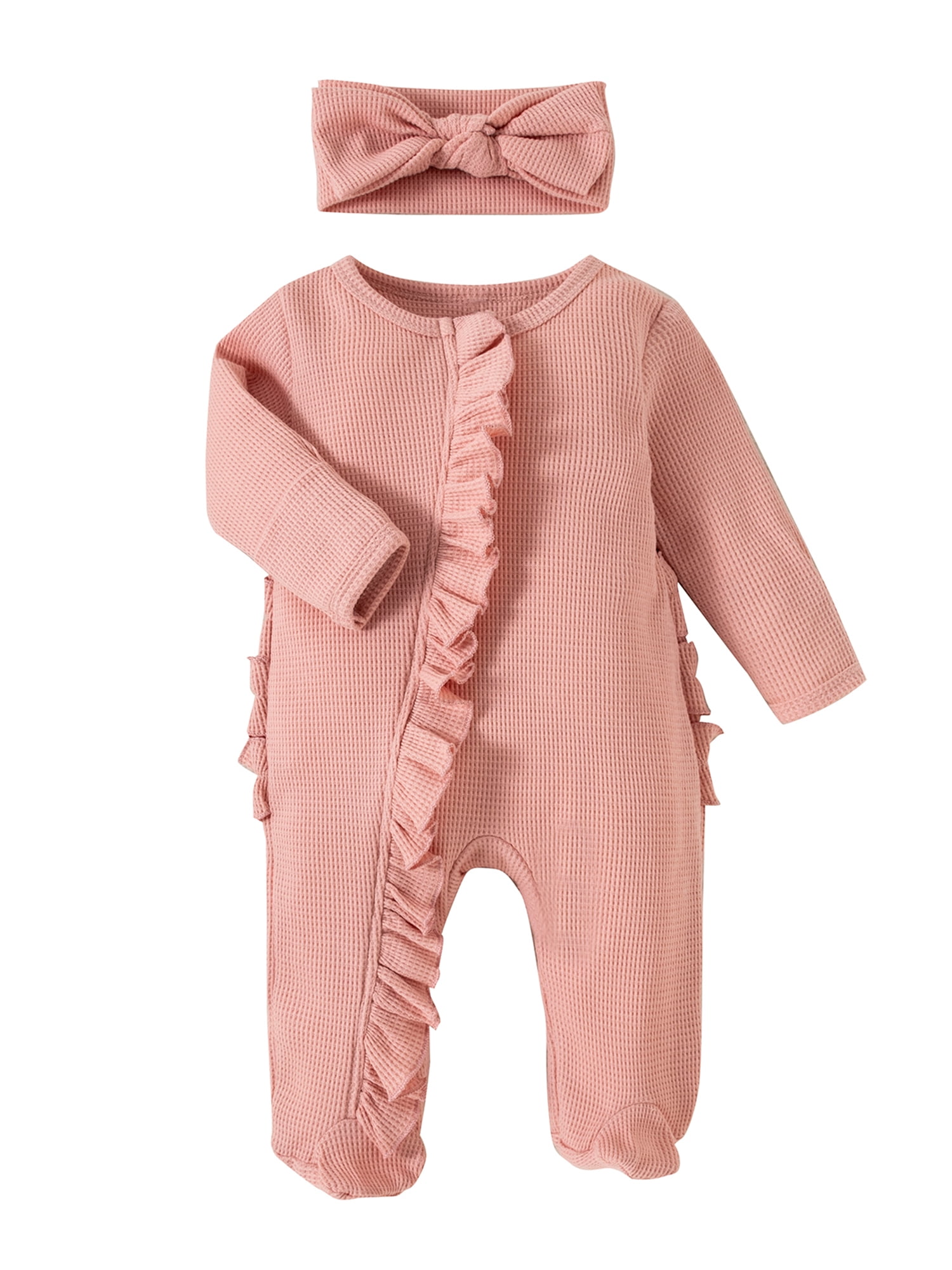 Newborn Baby Girl Boy Footies Onesie Ribbed Waffle Romper 3M 6M 12M Long Sleeve Zippers Ruffle