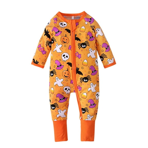 Newborn Baby Girl Boy Halloween Jumpsuit Pajamas Pumpkin Ghost Long Sleeve Zipper Onesie Romper Fall Winter Outfits