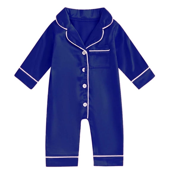 Newborn Baby Girl Boy One Piece Pajama Romper Sleep Jumpsuit Silk Satin Long Sleeve Button Down Pjs Sleepwear Blue 3-6 Months