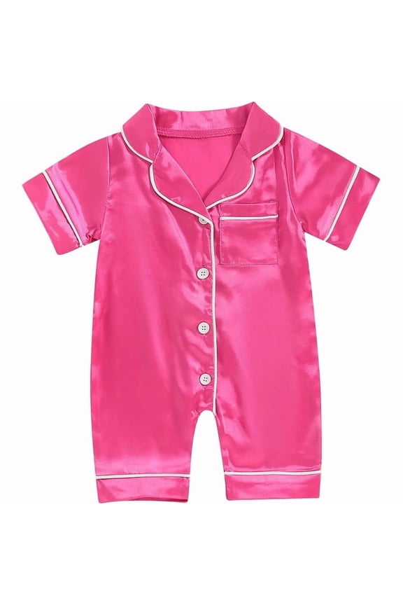 Newborn Baby Girl Boy One Piece Pajama Romper Sleep Jumpsuit Silk Satin Short Sleeve Button Down Pjs Sleepwear Hot Pink 6-9 Months