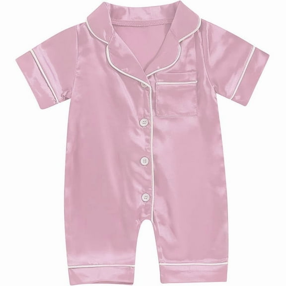 Newborn Baby Girl Boy One Piece Pajama Romper Sleep Jumpsuit Silk Satin Short Sleeve Button Down Pjs Sleepwear Pink 0-3 Months