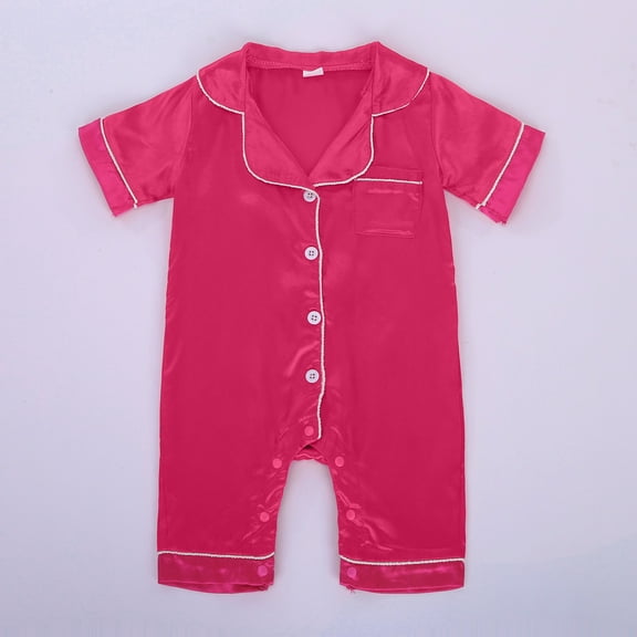 Baby Girl Boy Silk Pajamas Rompers Satin Silk Pjs Solid Short Sleeve Button Down Romper Toddler Pjs for Boy 3-6 Months