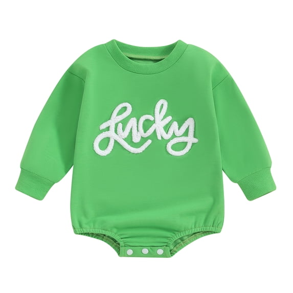 Newborn Baby Girl Boy St. Patrick's Day Outfit Lucky Embroidery Sweatshirt Romper Oversized Long Sleeve Bodysuit Tops
