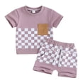 thumbnail image 1 of Newborn Baby Girl Boy Summer Clothes Checkered Plaid Short Sleeve T-Shirt Tops Shorts Set Color Block Outfit, 1 of 2
