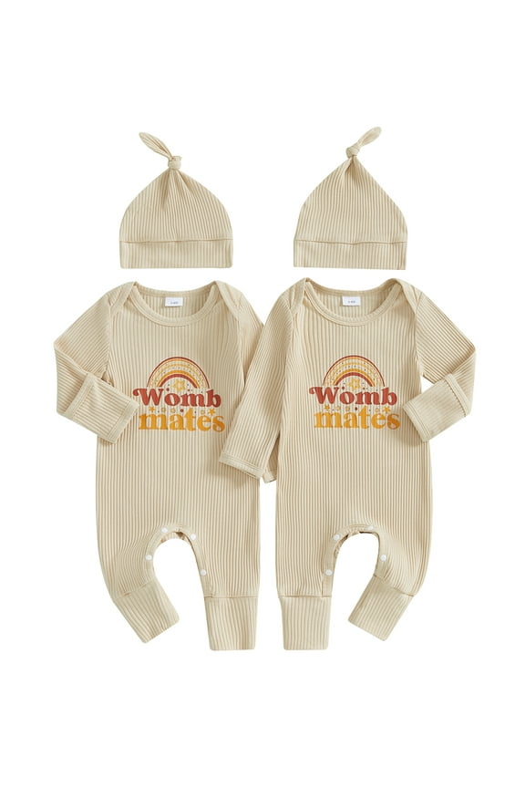 Newborn Baby Girl Boy Twins Matching Outfits Womb Mates Knitted Romper Mitten Cuffs Jumpsuit with Hat Fall Clothes 0-12M