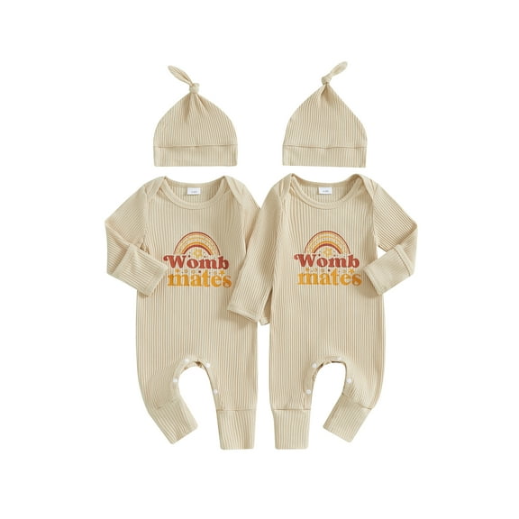 Newborn Baby Girl Boy Twins Matching Outfits Womb Mates Knitted Romper Mitten Cuffs Jumpsuit with Hat Fall Clothes 0-12M