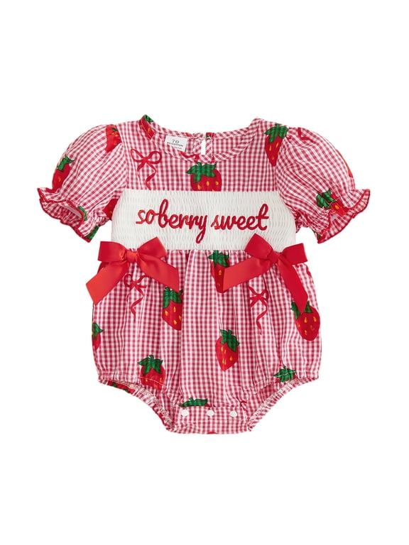 Newborn Baby Girl Bubble Romper Short Sleeve Strawberry Smocked Bodysuit Summer One Piece Outfit