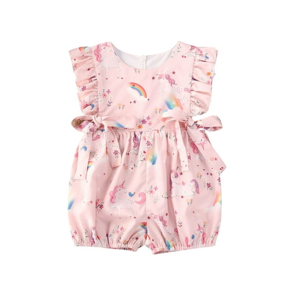 Newborn Baby Girl Cartoon Rainbow Jumpsuit Ruffle Fly Sleeve Romper Summer Bodysuit