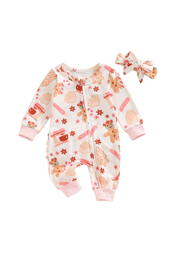 Newborn Baby Girl Christmas Outfit Gingerbread Onesie Zipper Romper Jumpsuit Xmas Outfit Fall Winter Clothes