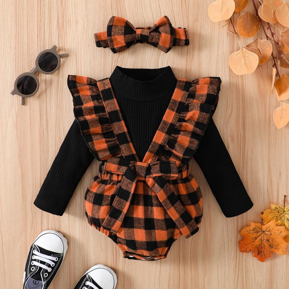 Newborn Baby Girl Christmas Outfit Long Sleeve Top Buffalo Plaid Suspender Shorts Headband Fall Clothes