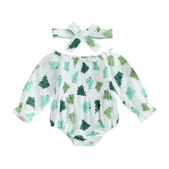 Newborn Baby Girl Christmas Outfits Cute Ruched Romper Long Sleeve Print Bodysuit Headband Set Fall Winter Clothes
