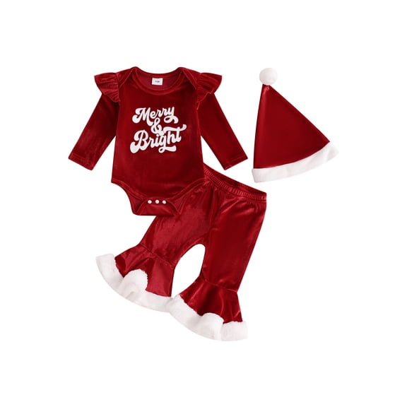 Newborn Baby Girl Christmas Outfits Letter Ruffle Long Sleeve Romper Bell-Bottoms Hat 3Pcs Velvet Clothes Set 0-18M