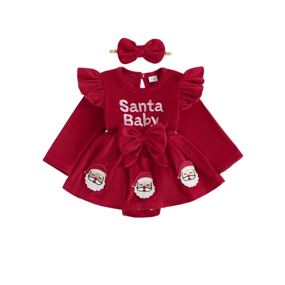 Newborn Baby Girl Christmas Outfits Letter Santa Claus Embroidery Long Sleeve Romper Dress Ribbed Bodysuit With Bow Headband 0-18 Months 2Pcs Christmas Clothes Set